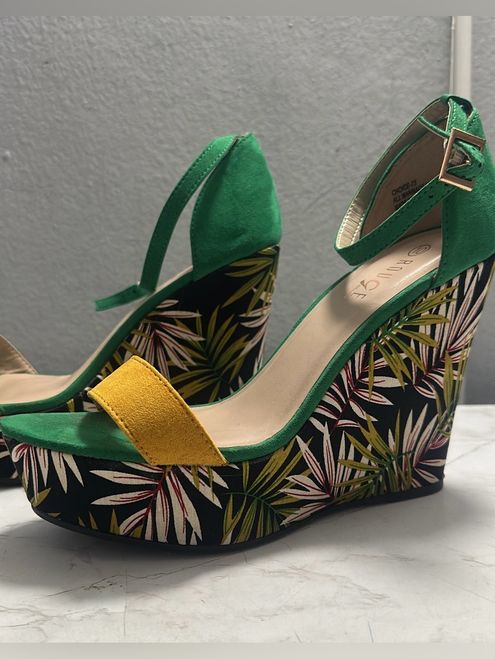 Rouge! Green and Yellow Tropical Print Wedge Sandals -5 inches high